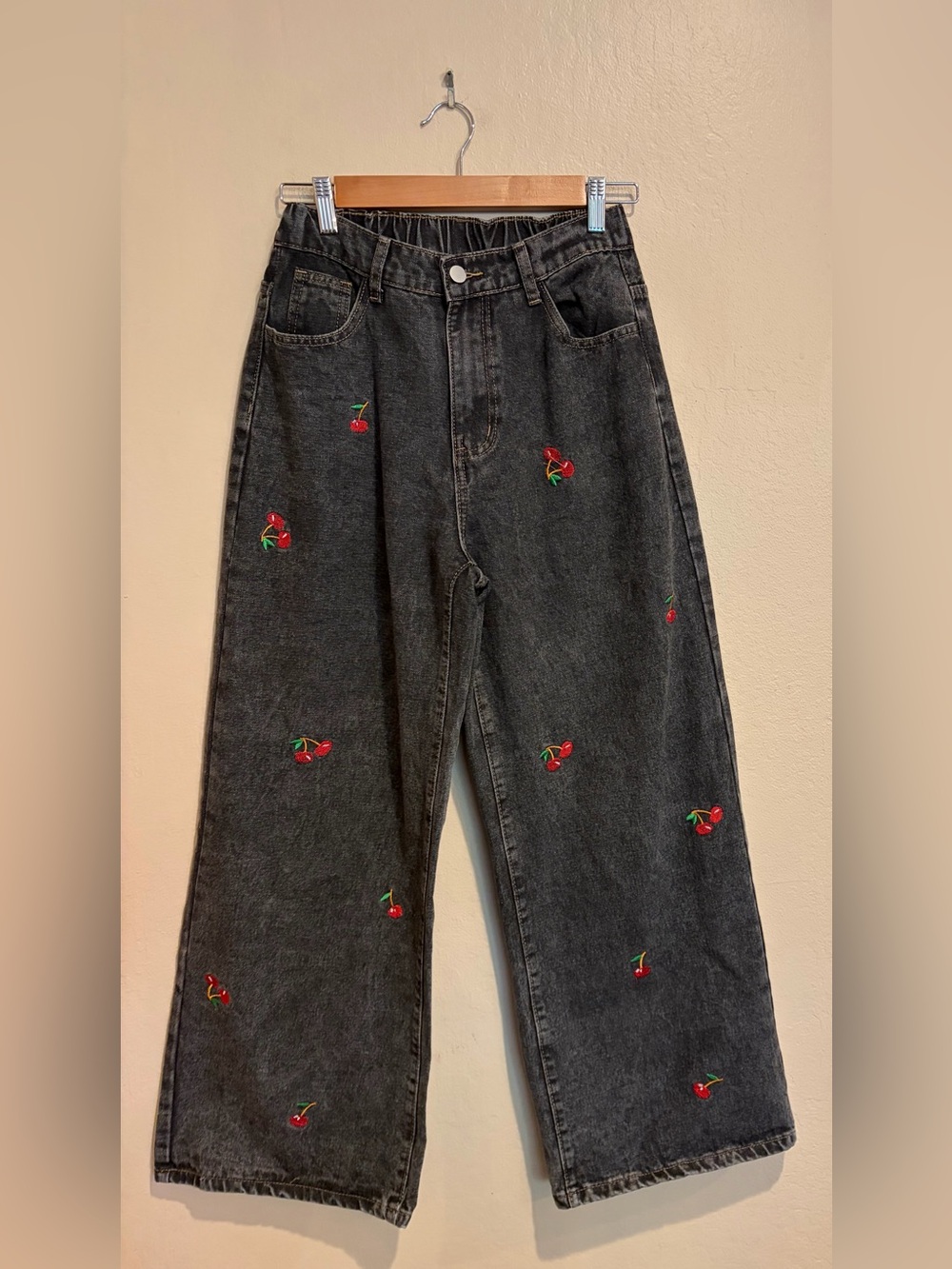 Black Washed Denim Wide Leg Jeans w/ Cute Red Embroidered Cherries, Size M